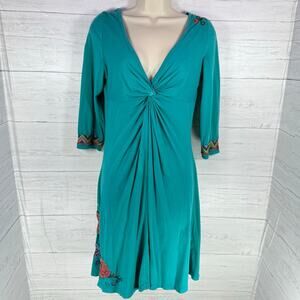 Johnny Was small tie front dress turqouise blue floral embroidered cottage fall